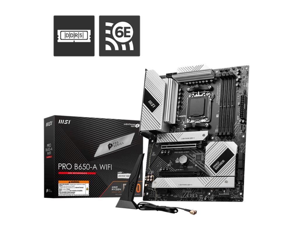 mainboardmsiamd-b650sam5atxmemory-ddr5memory-slots-41xpci-express-30-1x1xpci-express-40-2x1xpci-express-40-16x3xm21xhdmi1xdisplayport2xusb-207xusb-321xusb-c1xoptical-spdif1xrj453xaudio-portprob650-awifi-0